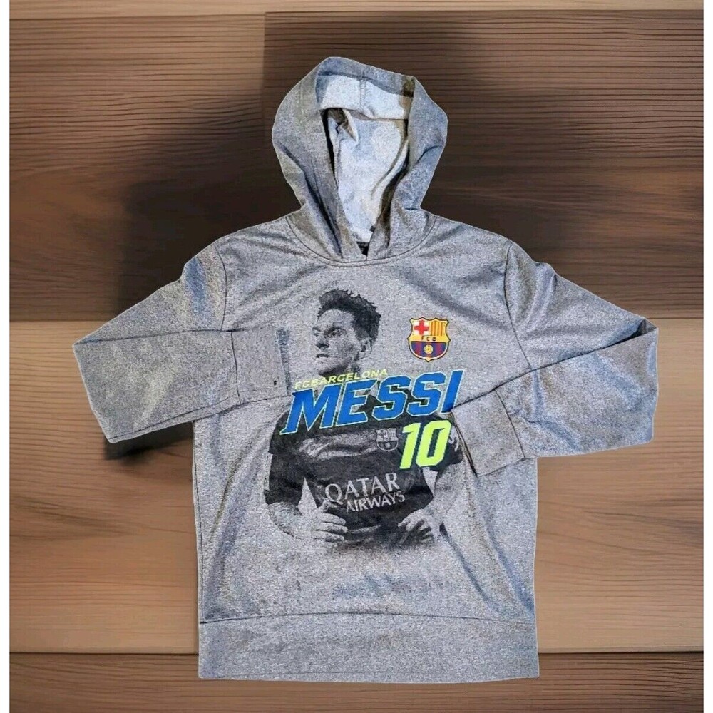 FCB Barcelona #10 Messi Hoodie Pullover Youth Size Large Gray Long Sleeve Sweat